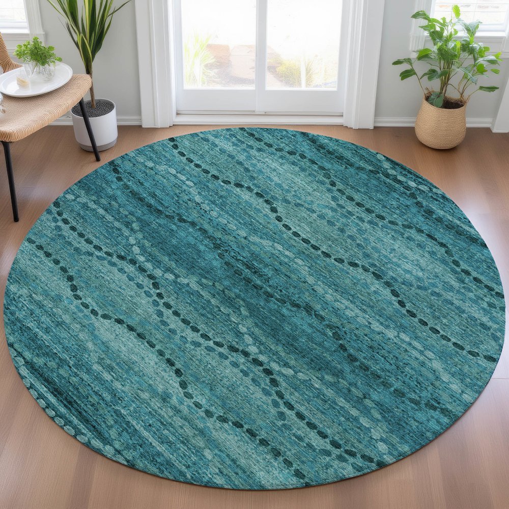 Machine Washable Indoor/Outdoor Chantille ACN2031 Turquoise 8' x 8' Round Rug. Picture 5