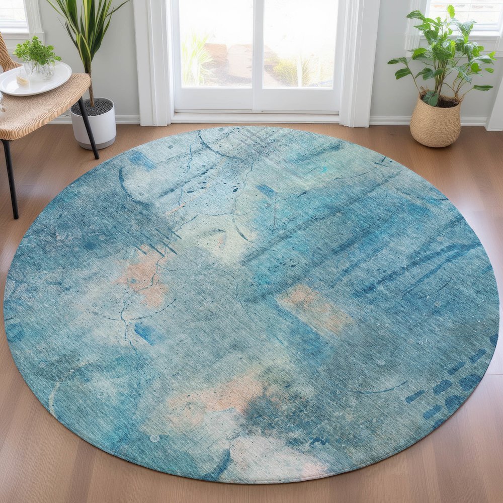 Machine Washable Indoor/Outdoor Chantille ACN2032 Blue 8' x 8' Round Rug. Picture 5