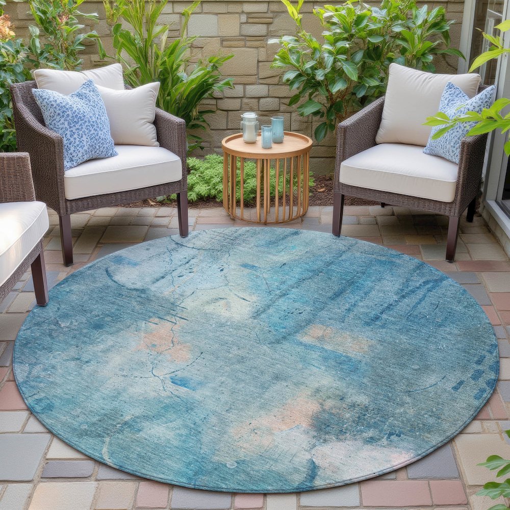 Machine Washable Indoor/Outdoor Chantille ACN2032 Blue 8' x 8' Round Rug. Picture 6