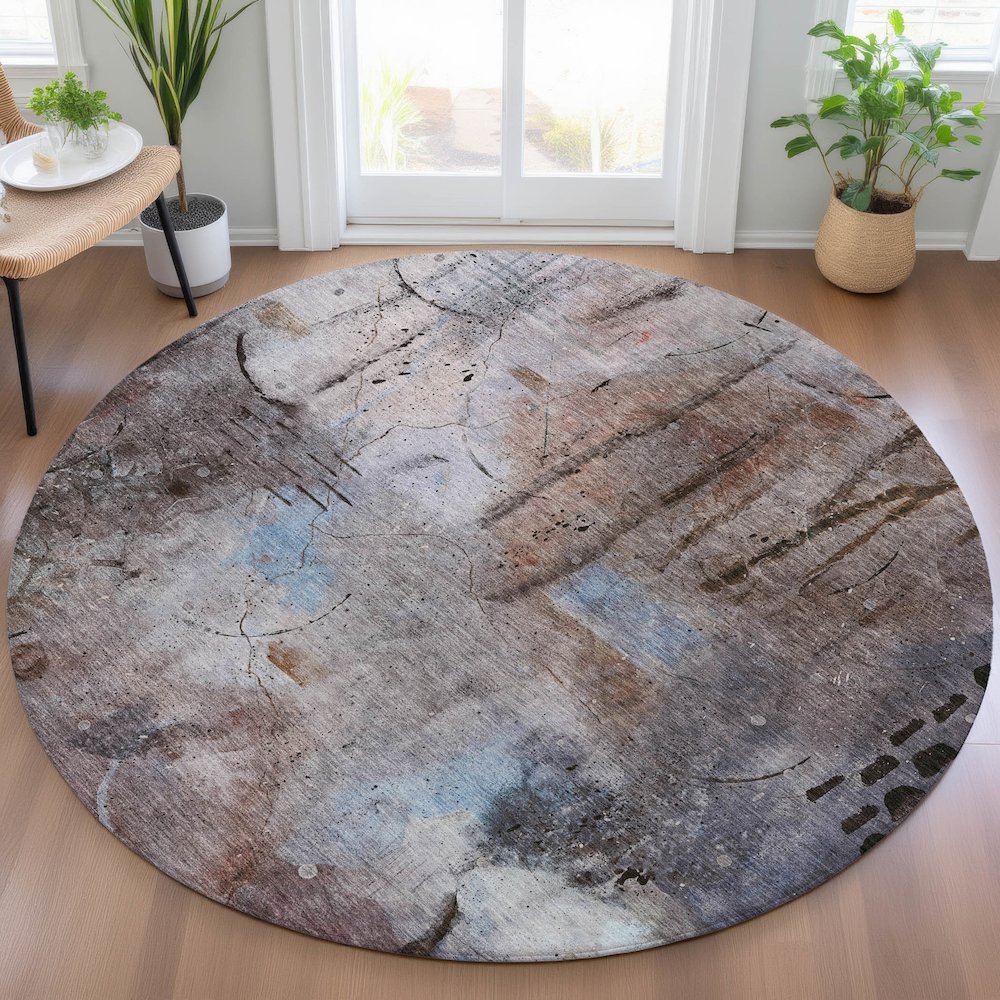 Machine Washable Indoor/Outdoor Chantille ACN2032 Taupe 8' x 8' Round Rug. Picture 5