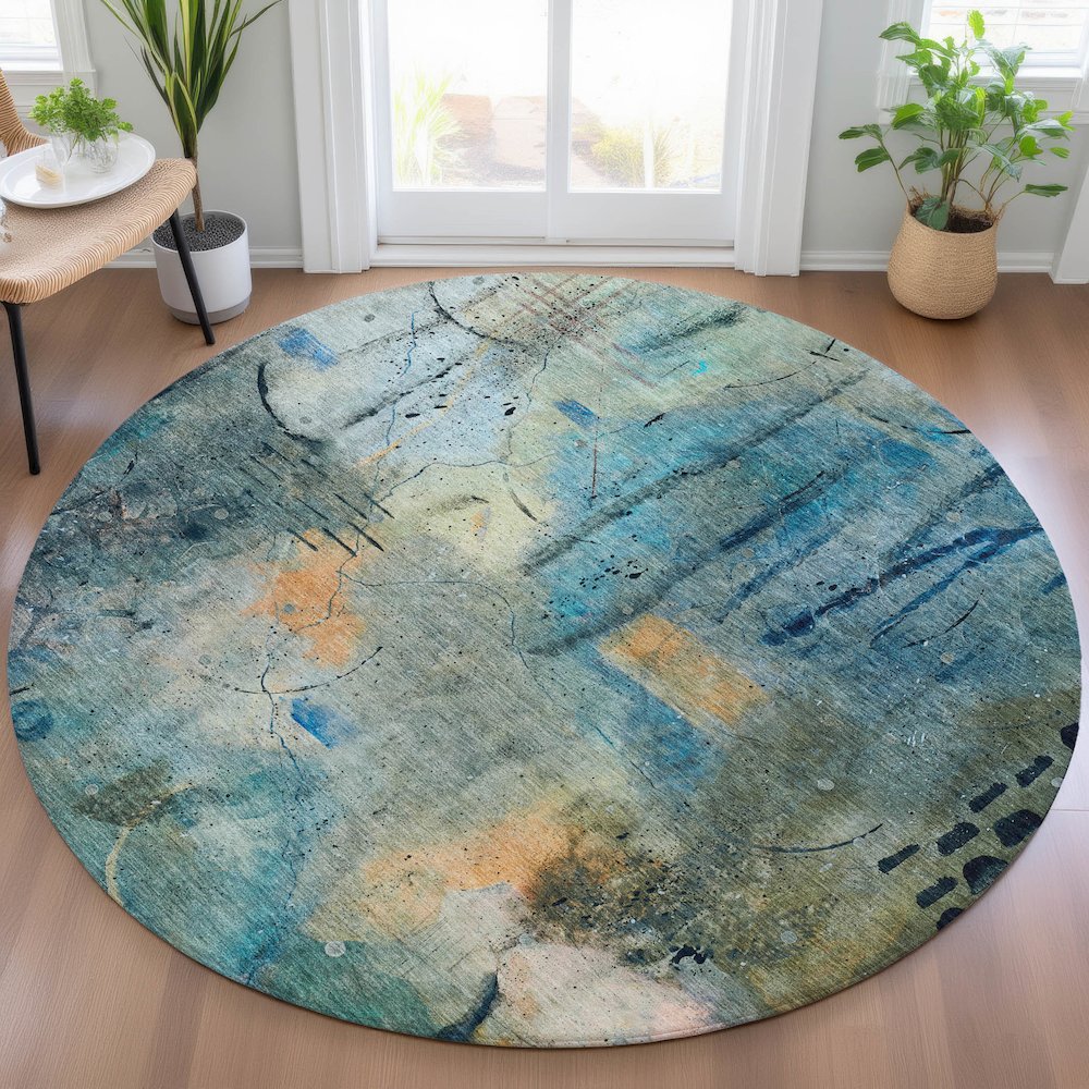 Machine Washable Indoor/Outdoor Chantille ACN2032 Teal 8' x 8' Round Rug. Picture 5
