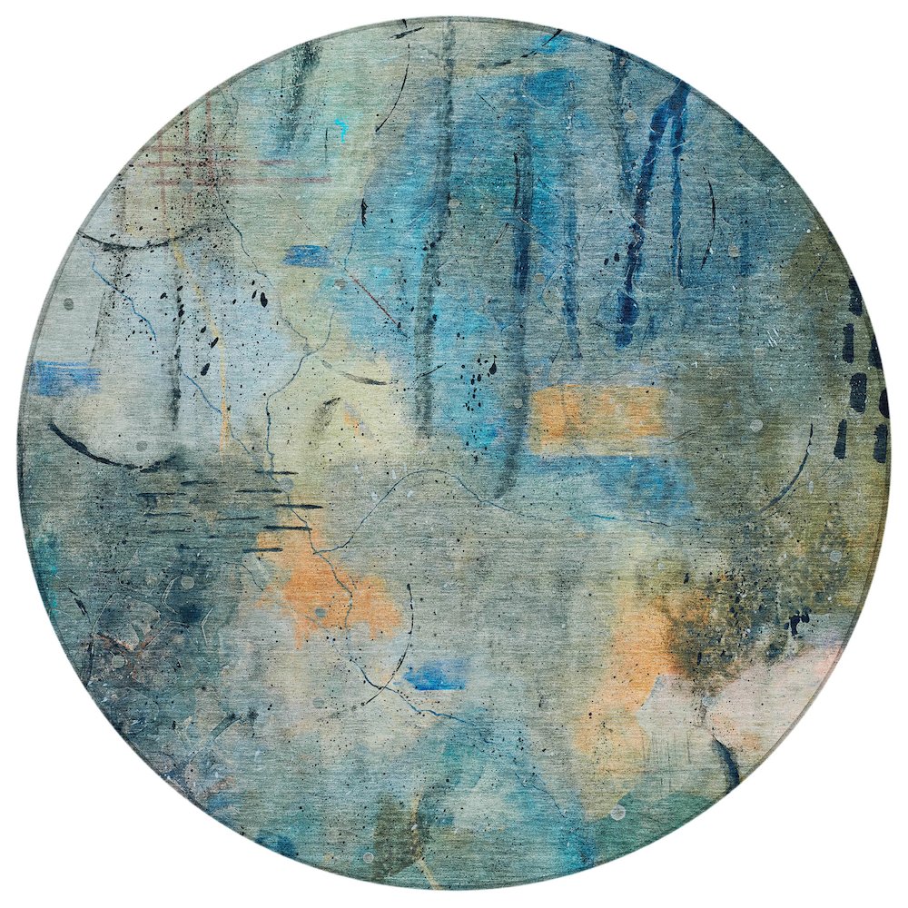 Machine Washable Indoor/Outdoor Chantille ACN2032 Teal 8' x 8' Round Rug. Picture 1
