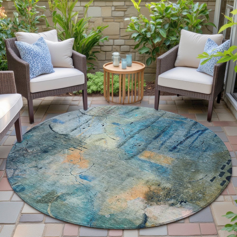 Machine Washable Indoor/Outdoor Chantille ACN2032 Teal 8' x 8' Round Rug. Picture 6