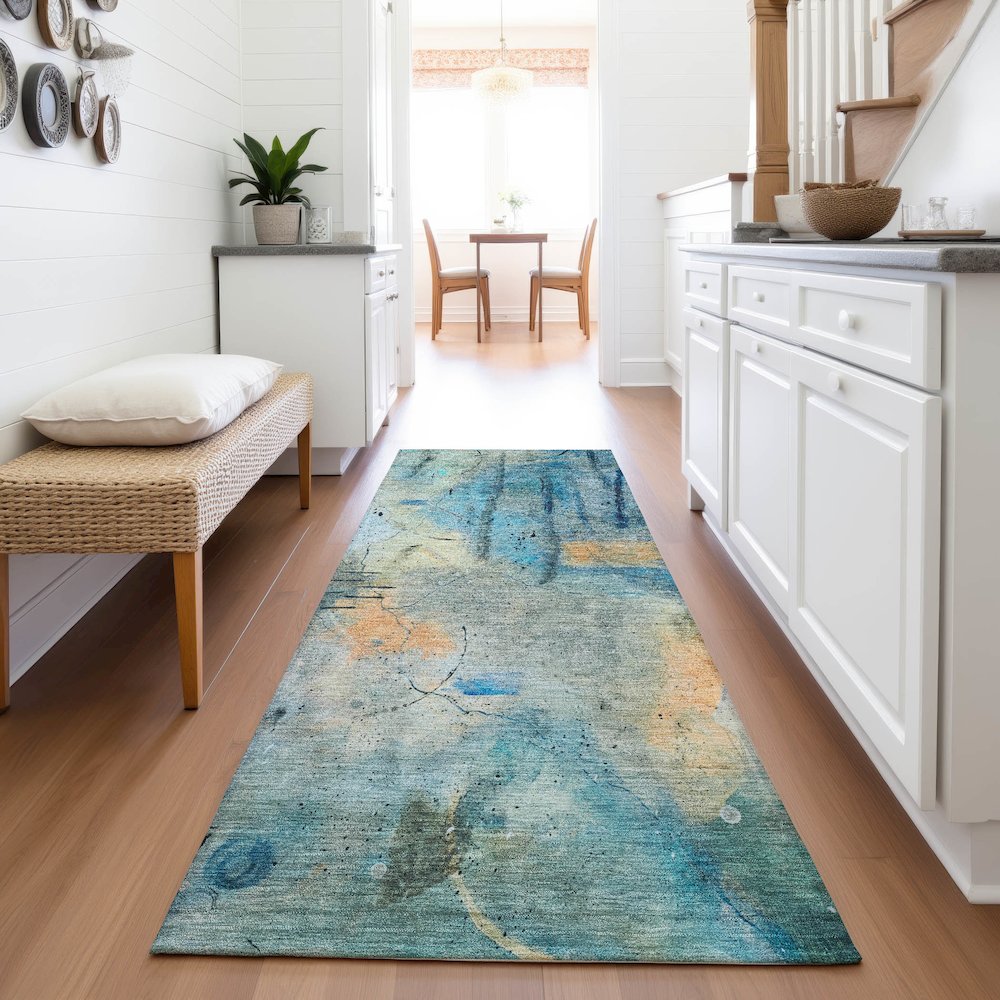 Machine Washable Indoor/Outdoor Chantille ACN2032 Teal 2'3" x 7'6" Runner Rug. Picture 5