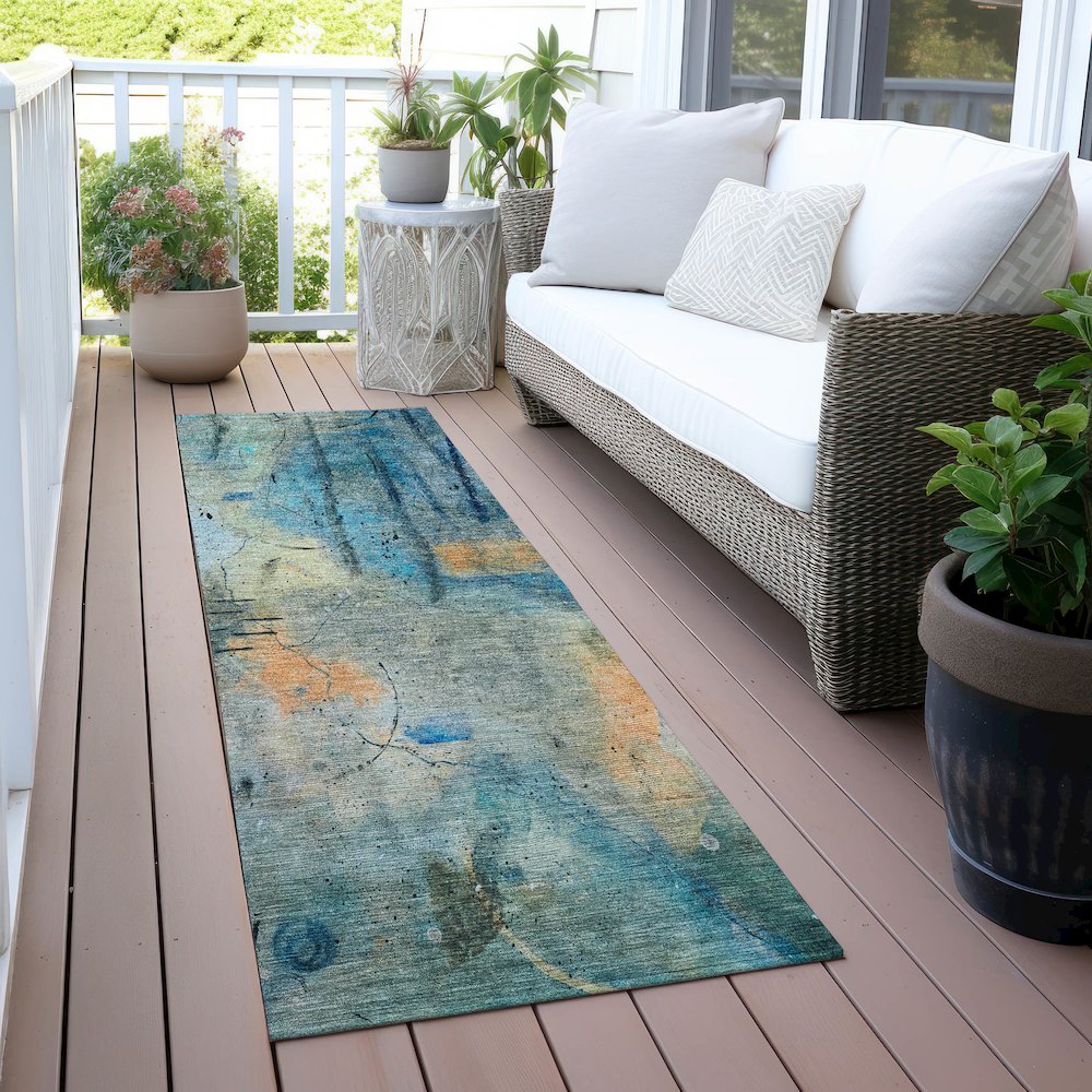 Machine Washable Indoor/Outdoor Chantille ACN2032 Teal 2'3" x 7'6" Runner Rug. Picture 6