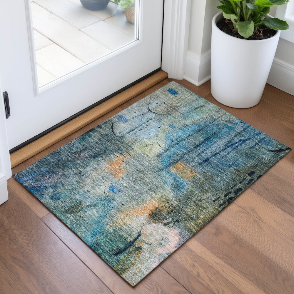Machine Washable Indoor/Outdoor Chantille ACN2032 Teal 1'8" x 2'6" Rug. Picture 5