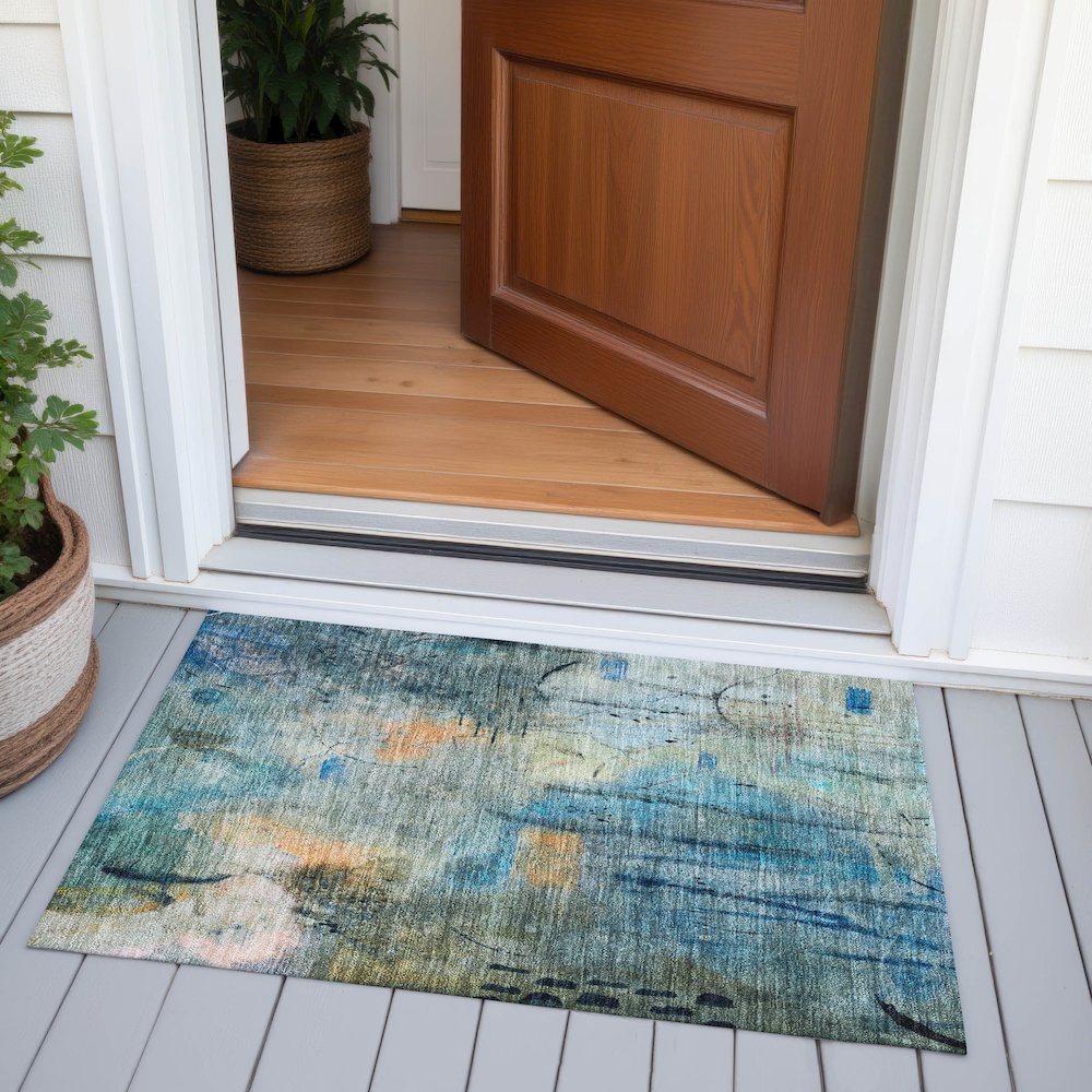 Machine Washable Indoor/Outdoor Chantille ACN2032 Teal 1'8" x 2'6" Rug. Picture 6