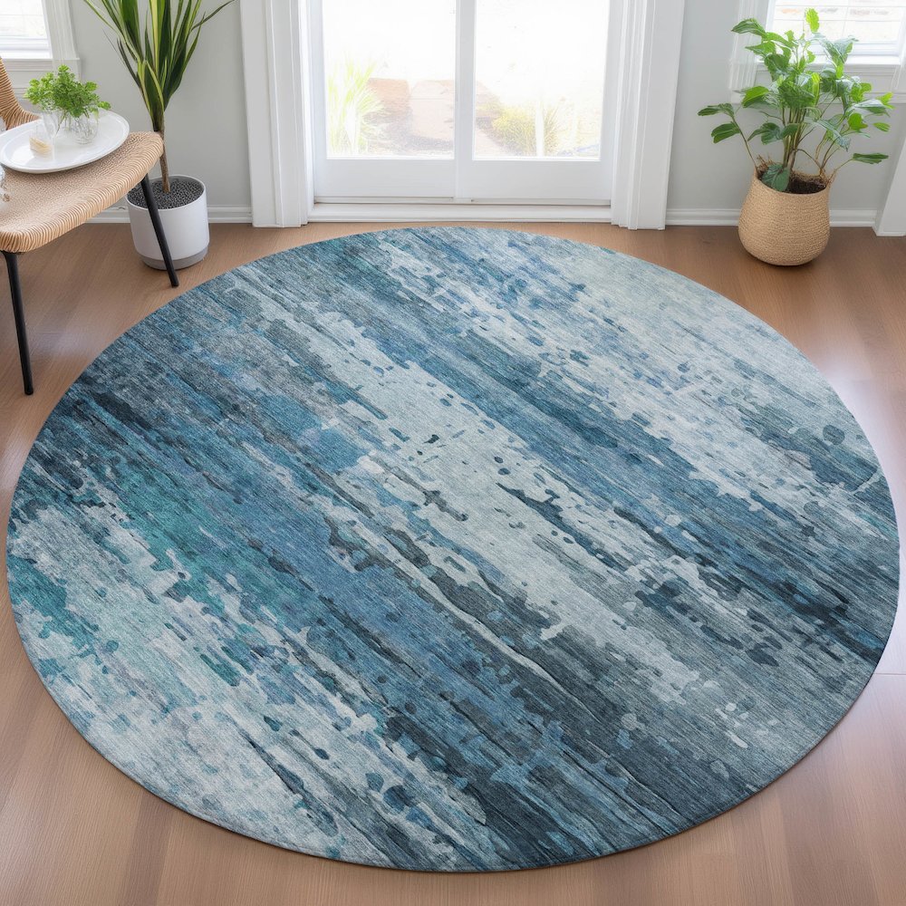 Machine Washable Indoor/Outdoor Chantille ACN2034 Blue 8' x 8' Round Rug. Picture 5
