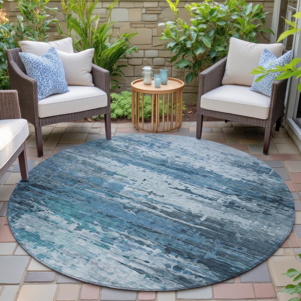 Machine Washable Indoor/Outdoor Chantille ACN2034 Blue 8' x 8' Round Rug. Picture 6