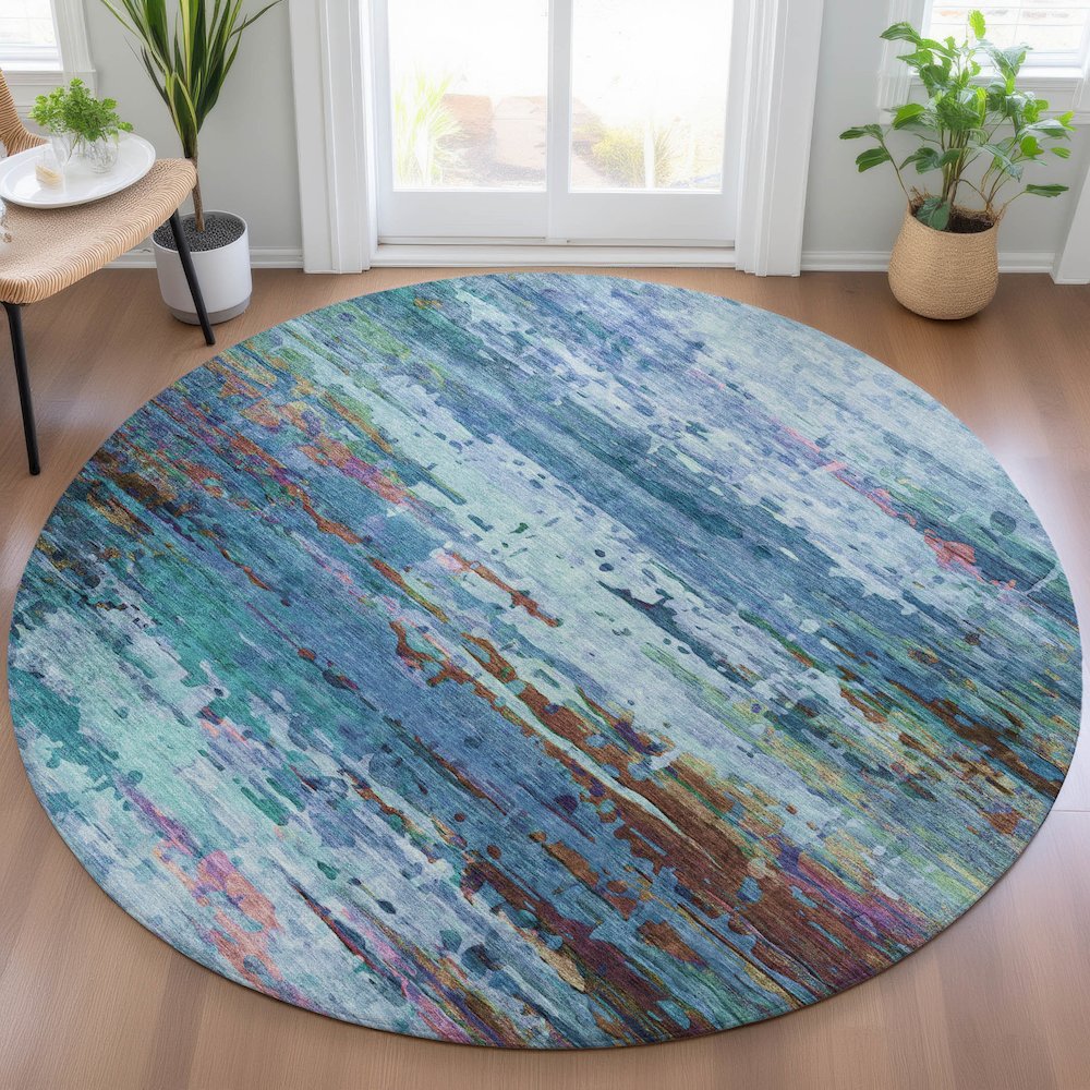 Machine Washable Indoor/Outdoor Chantille ACN2035 Blue 8' x 8' Round Rug. Picture 5