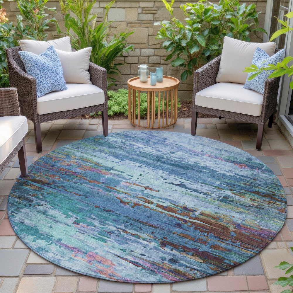 Machine Washable Indoor/Outdoor Chantille ACN2035 Blue 8' x 8' Round Rug. Picture 6