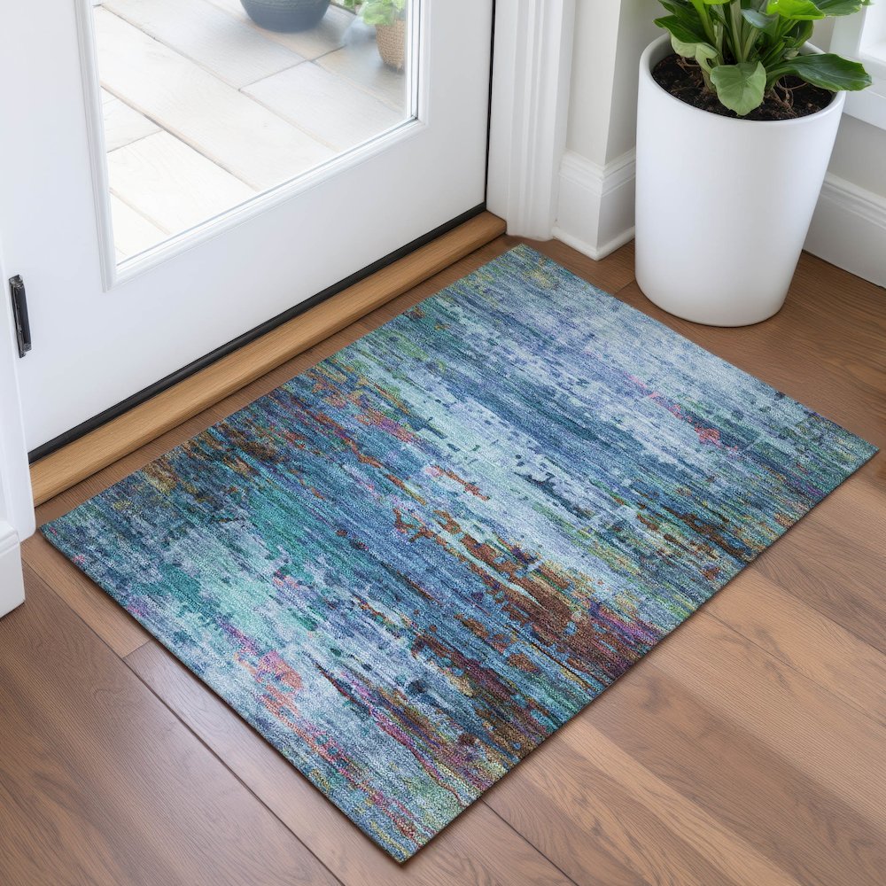 Machine Washable Indoor/Outdoor Chantille ACN2035 Blue 1'8" x 2'6" Rug. Picture 5