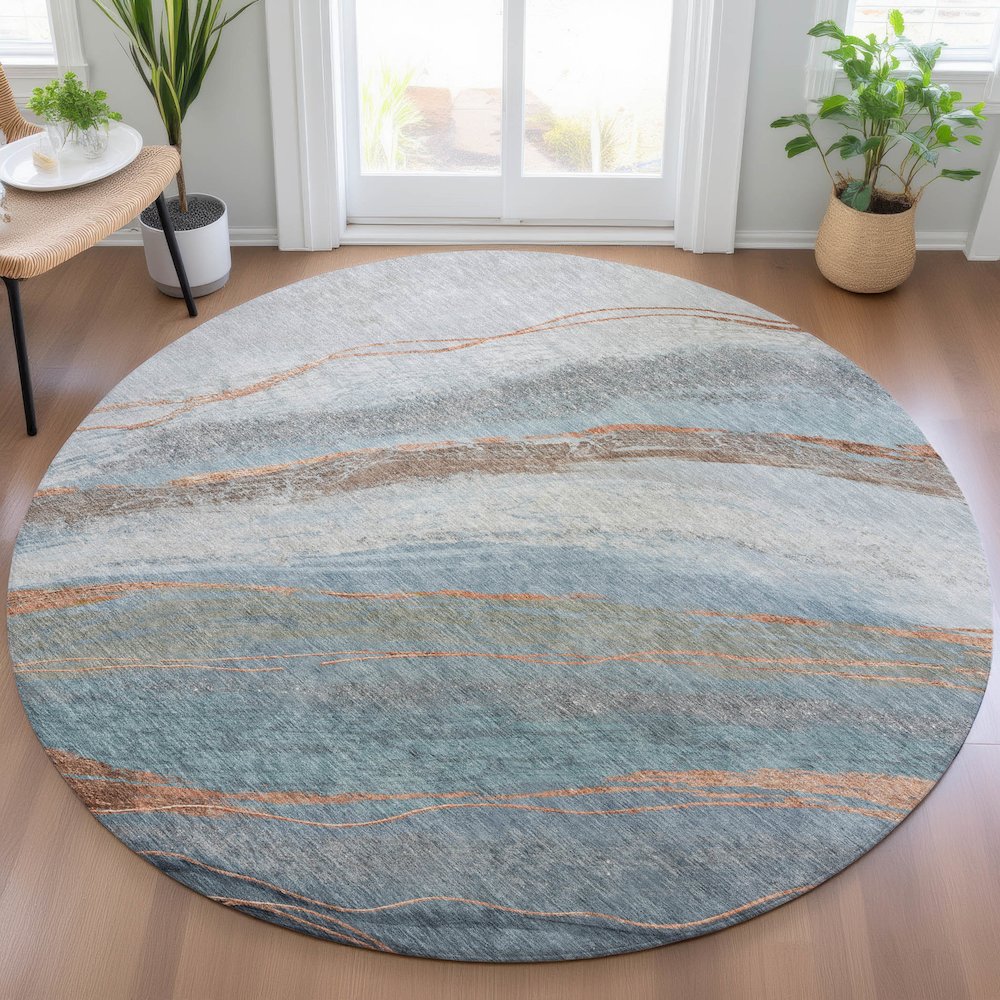 Machine Washable Indoor/Outdoor Chantille ACN2036 Blue 8' x 8' Round Rug. Picture 5