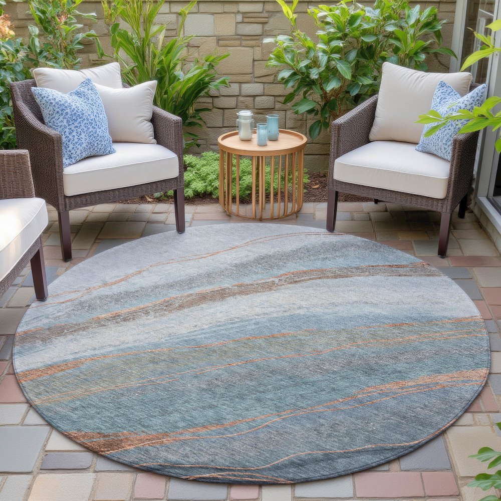 Machine Washable Indoor/Outdoor Chantille ACN2036 Blue 8' x 8' Round Rug. Picture 6