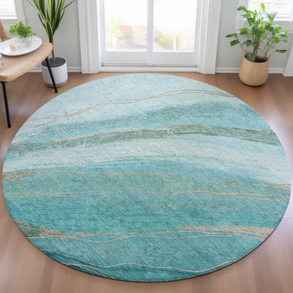 Machine Washable Indoor/Outdoor Chantille ACN2036 Turquoise 8' x 8' Round Rug. Picture 5