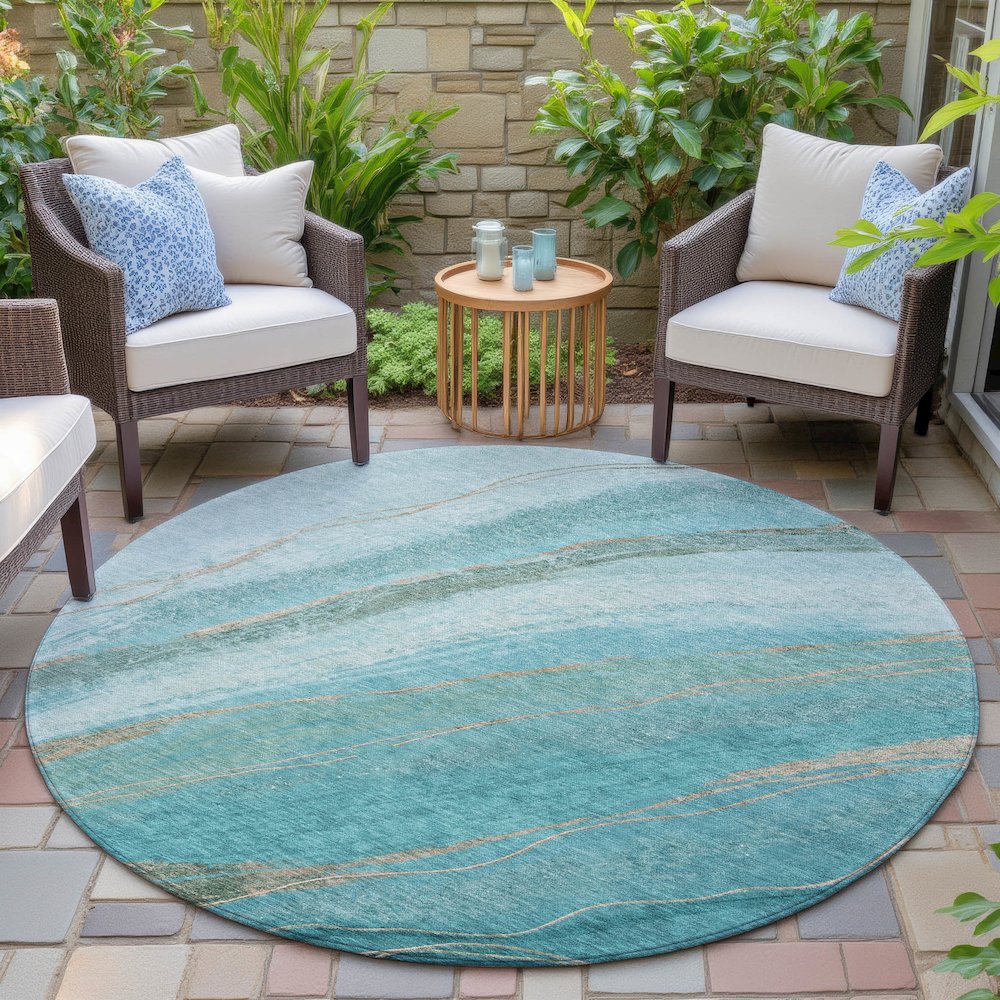 Machine Washable Indoor/Outdoor Chantille ACN2036 Turquoise 8' x 8' Round Rug. Picture 6