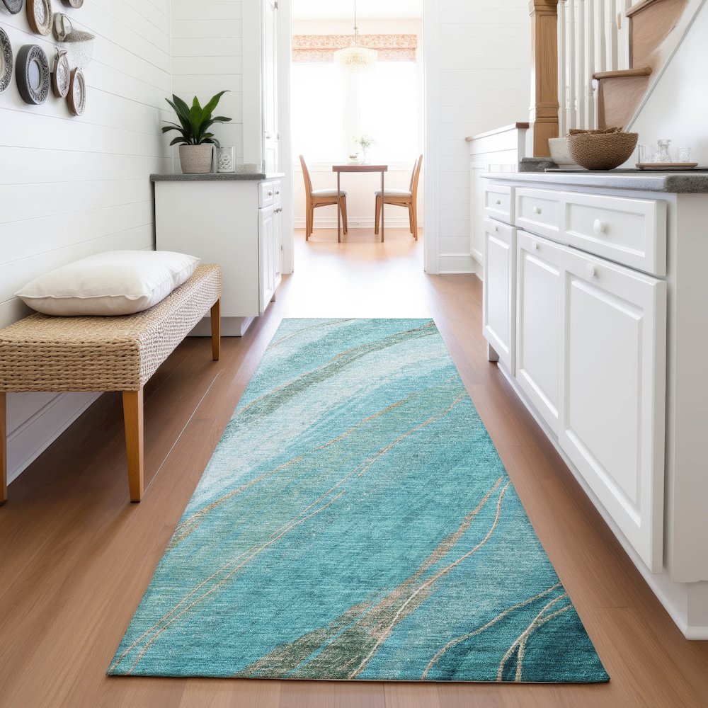 Machine Washable Indoor/Outdoor Chantille ACN2036 Turquoise 2'3"x7'6" Runner Rug. Picture 5