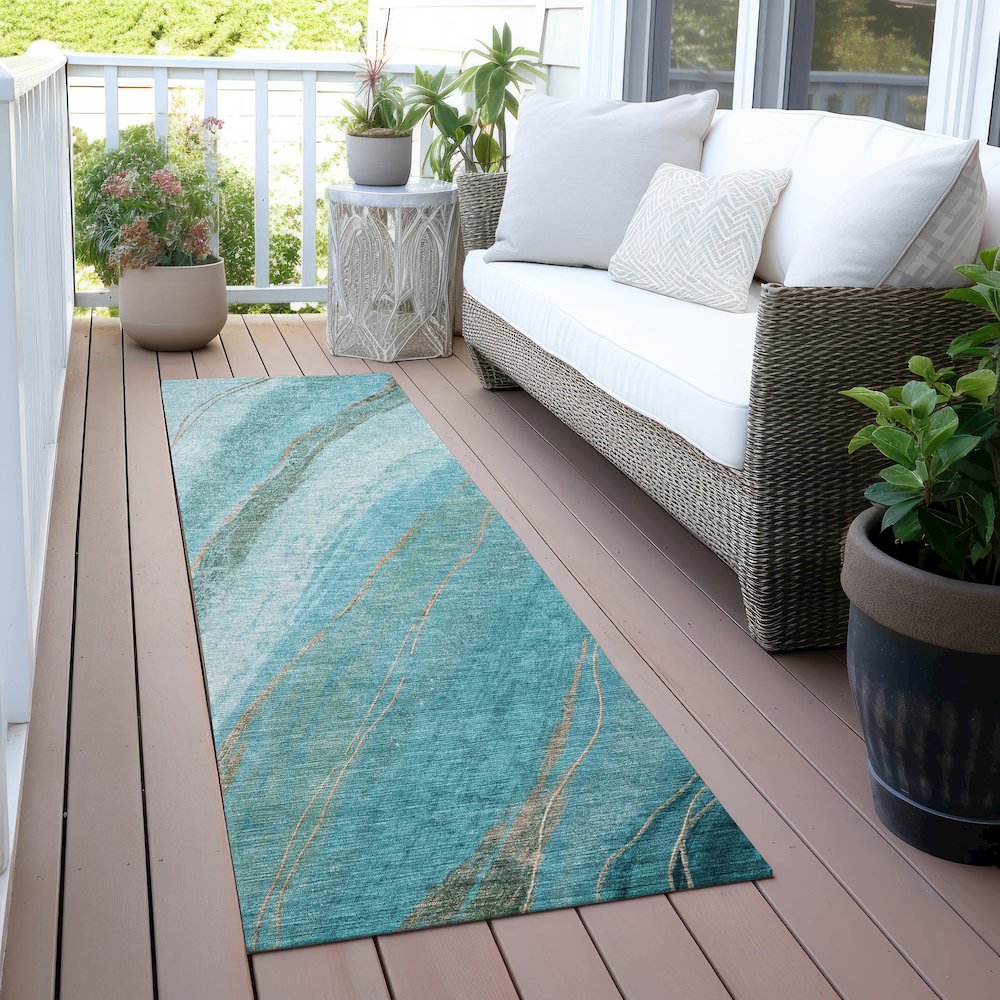 Machine Washable Indoor/Outdoor Chantille ACN2036 Turquoise 2'3"x7'6" Runner Rug. Picture 6