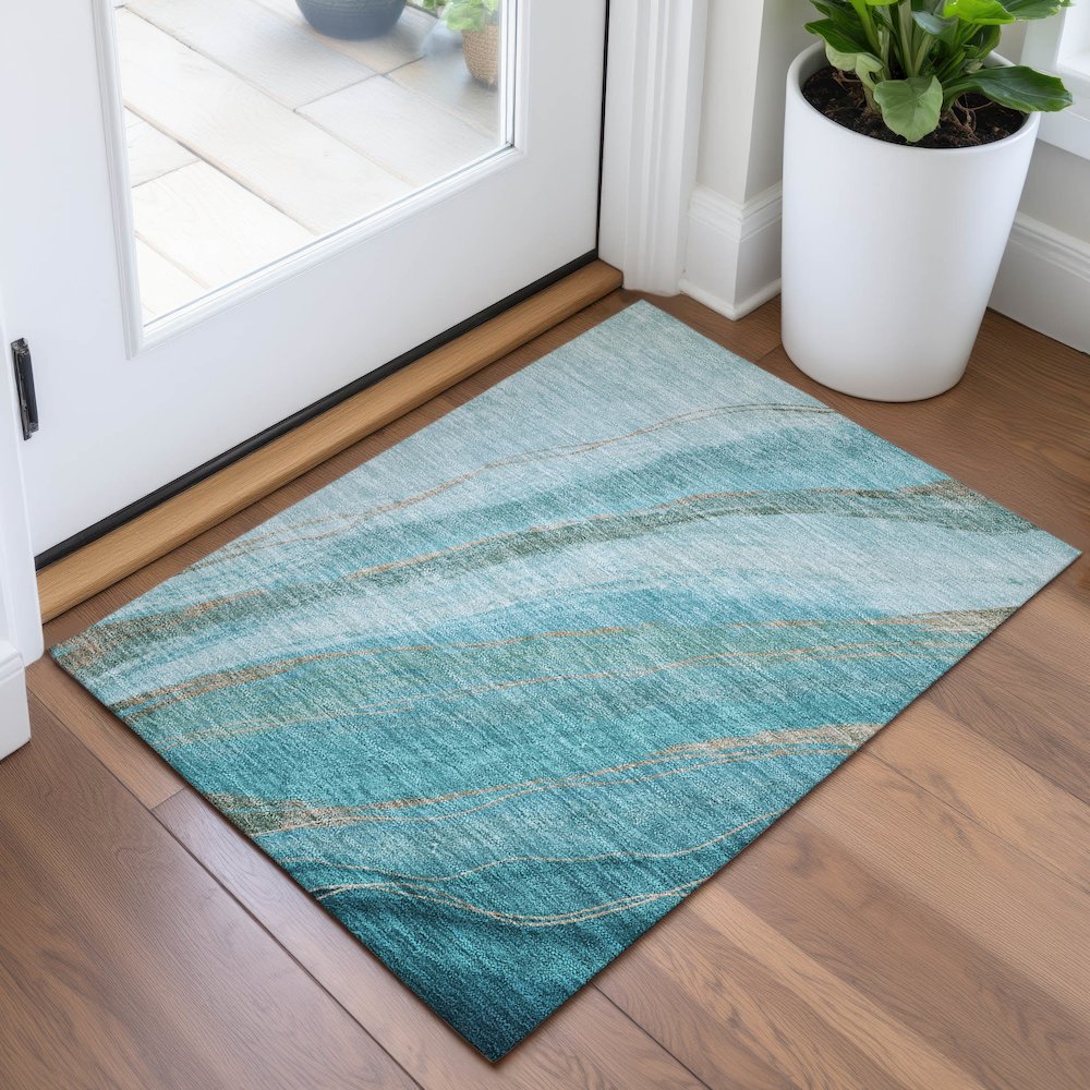 Machine Washable Indoor/Outdoor Chantille ACN2036 Turquoise 1'8" x 2'6" Rug. Picture 5