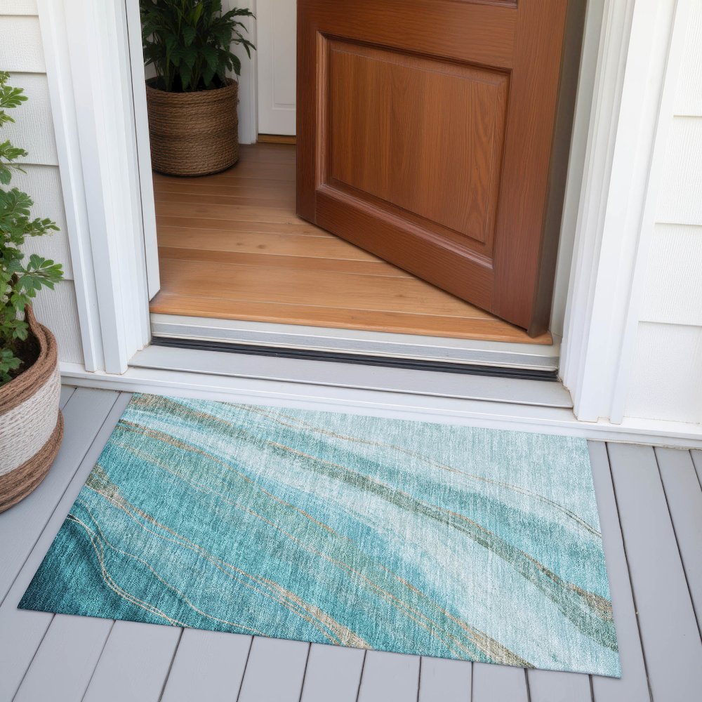 Machine Washable Indoor/Outdoor Chantille ACN2036 Turquoise 1'8" x 2'6" Rug. Picture 6