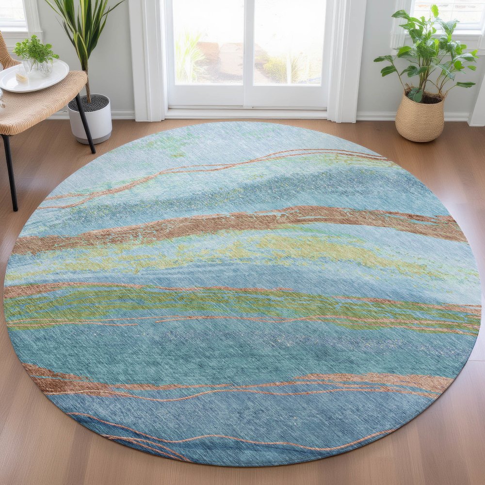 Machine Washable Indoor/Outdoor Chantille ACN2037 Blue 8' x 8' Round Rug. Picture 5