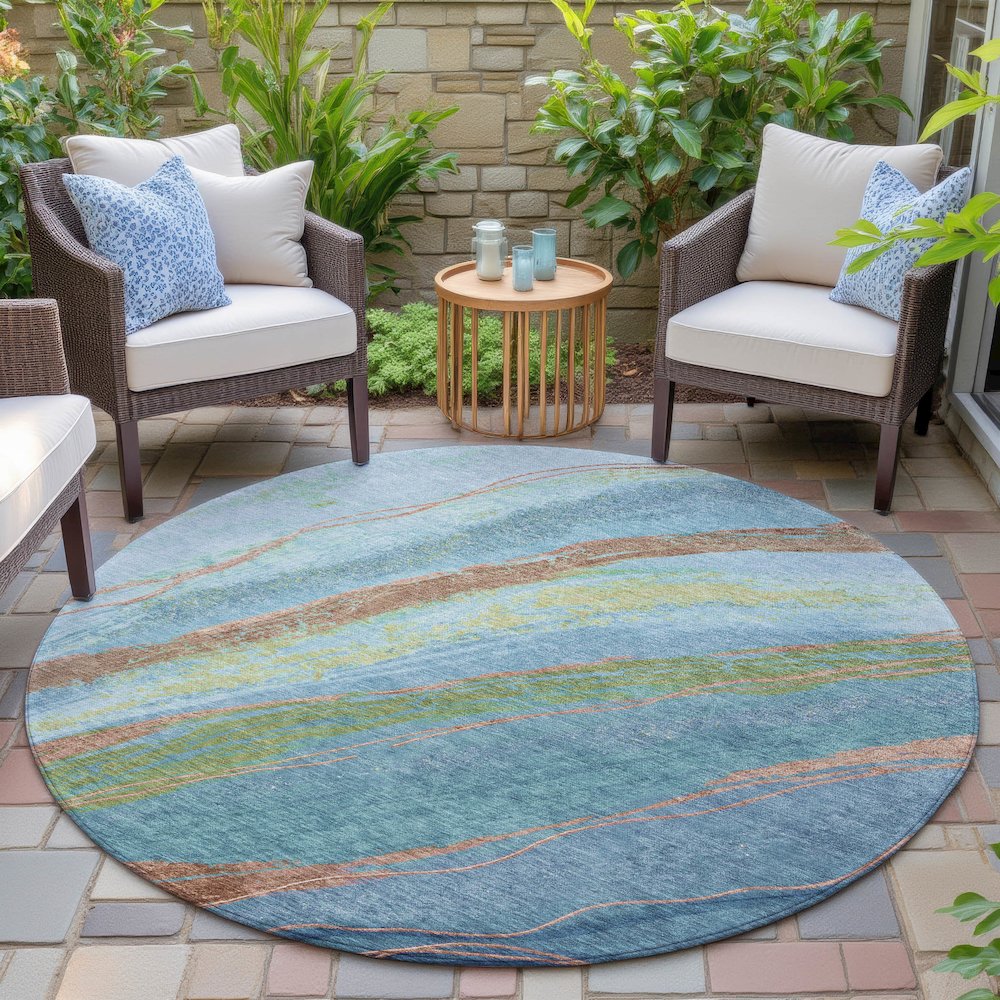 Machine Washable Indoor/Outdoor Chantille ACN2037 Blue 8' x 8' Round Rug. Picture 6