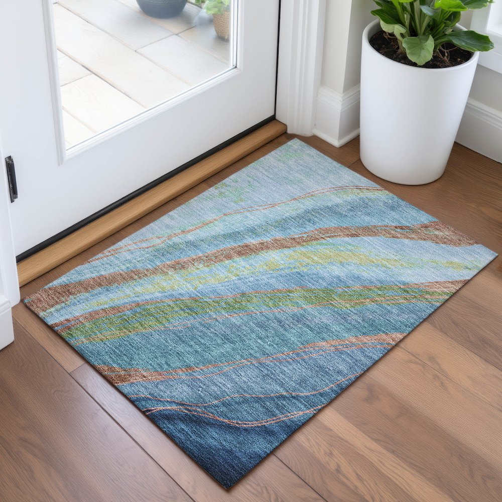 Machine Washable Indoor/Outdoor Chantille ACN2037 Blue 1'8" x 2'6" Rug. Picture 5