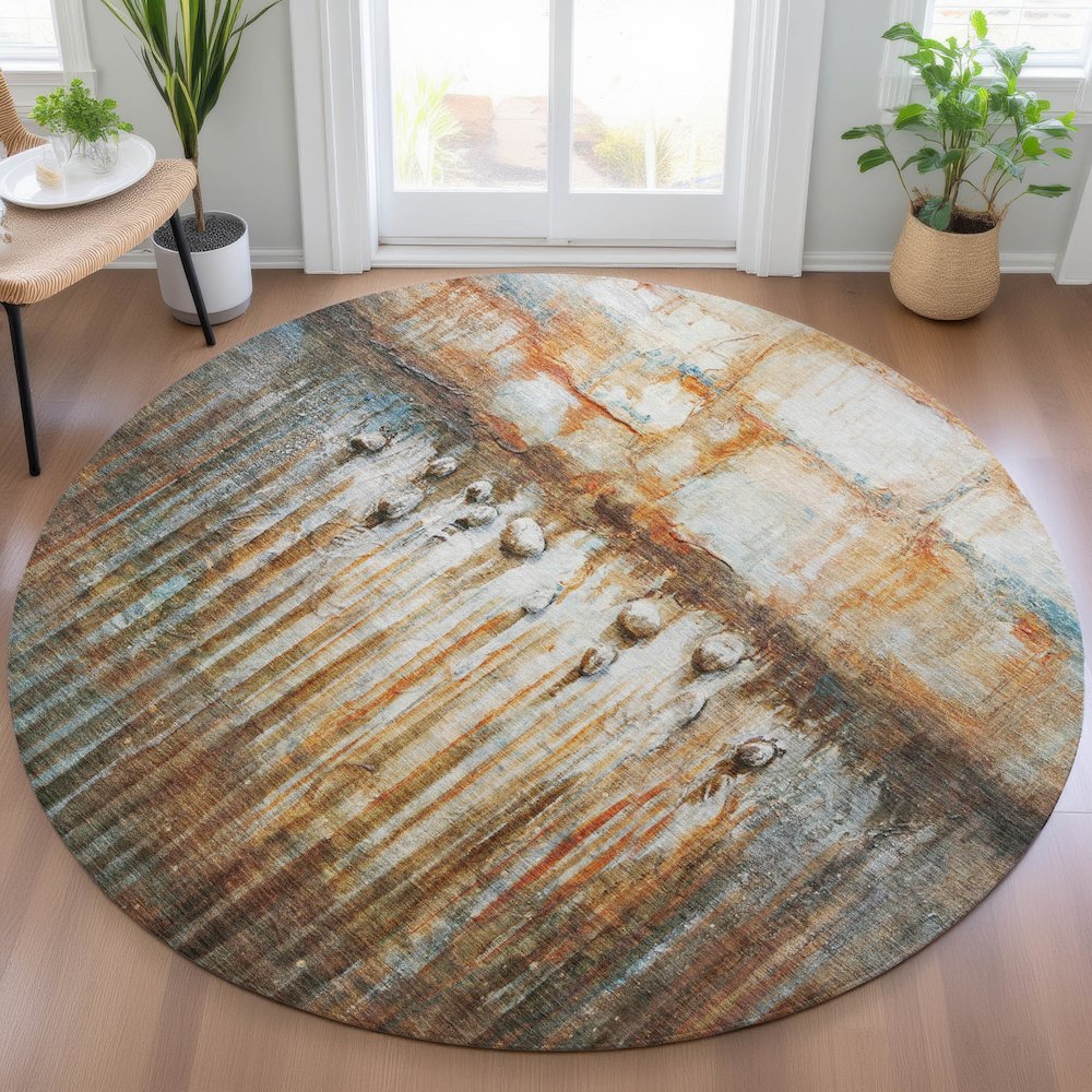 Machine Washable Indoor/Outdoor Chantille ACN2038 Paprika 8' x 8' Round Rug. Picture 5