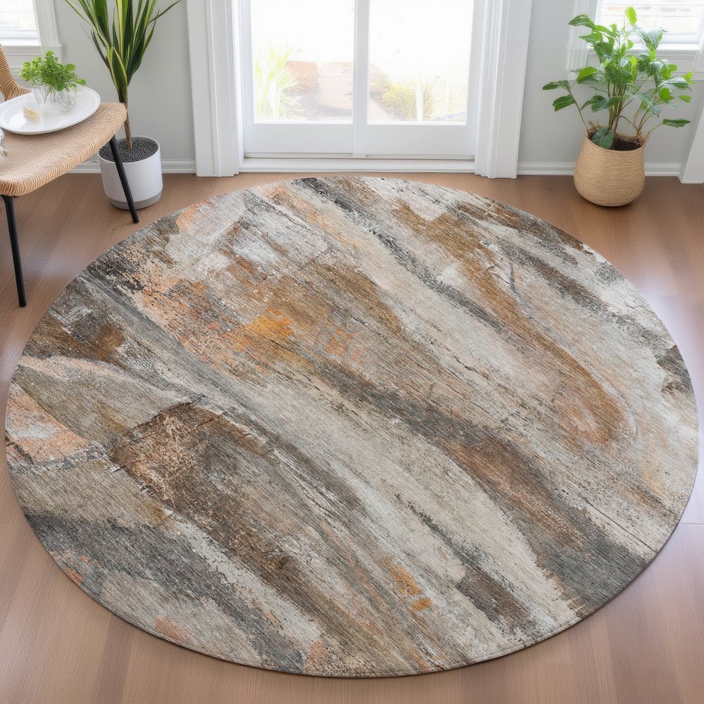 Machine Washable Indoor/Outdoor Chantille ACN2039 Brown 8' x 8' Round Rug. Picture 5