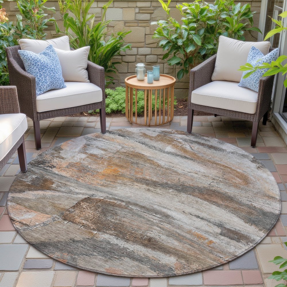 Machine Washable Indoor/Outdoor Chantille ACN2039 Brown 8' x 8' Round Rug. Picture 6