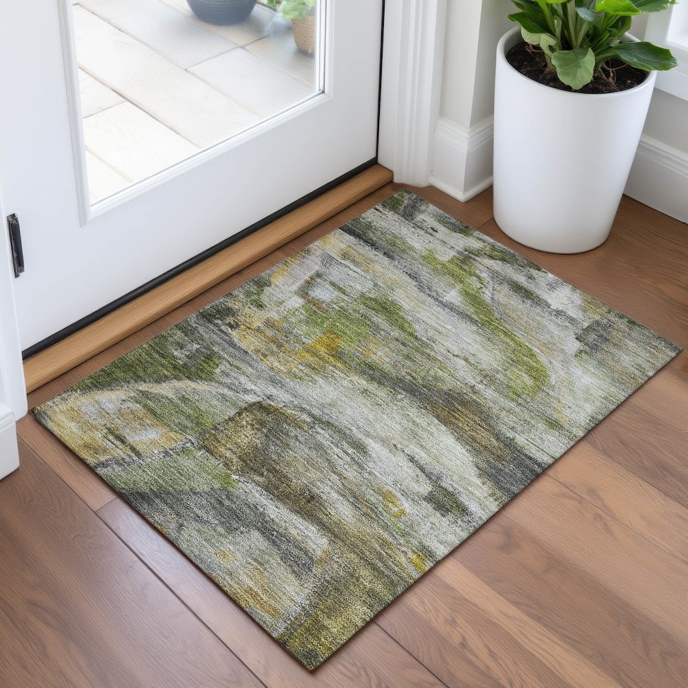 Machine Washable Indoor/Outdoor Chantille ACN2039 Olive 1'8" x 2'6" Rug. Picture 5
