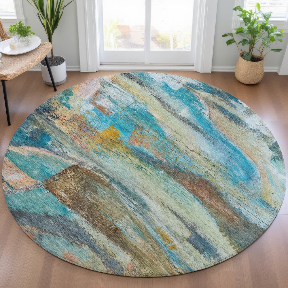 Machine Washable Indoor/Outdoor Chantille ACN2039 Teal 8' x 8' Round Rug. Picture 5