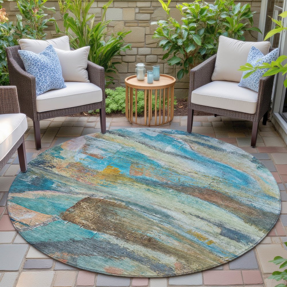 Machine Washable Indoor/Outdoor Chantille ACN2039 Teal 8' x 8' Round Rug. Picture 6