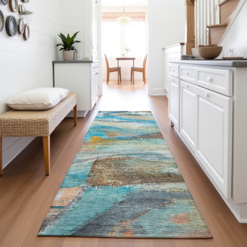 Machine Washable Indoor/Outdoor Chantille ACN2039 Teal 2'3" x 7'6" Runner Rug. Picture 5