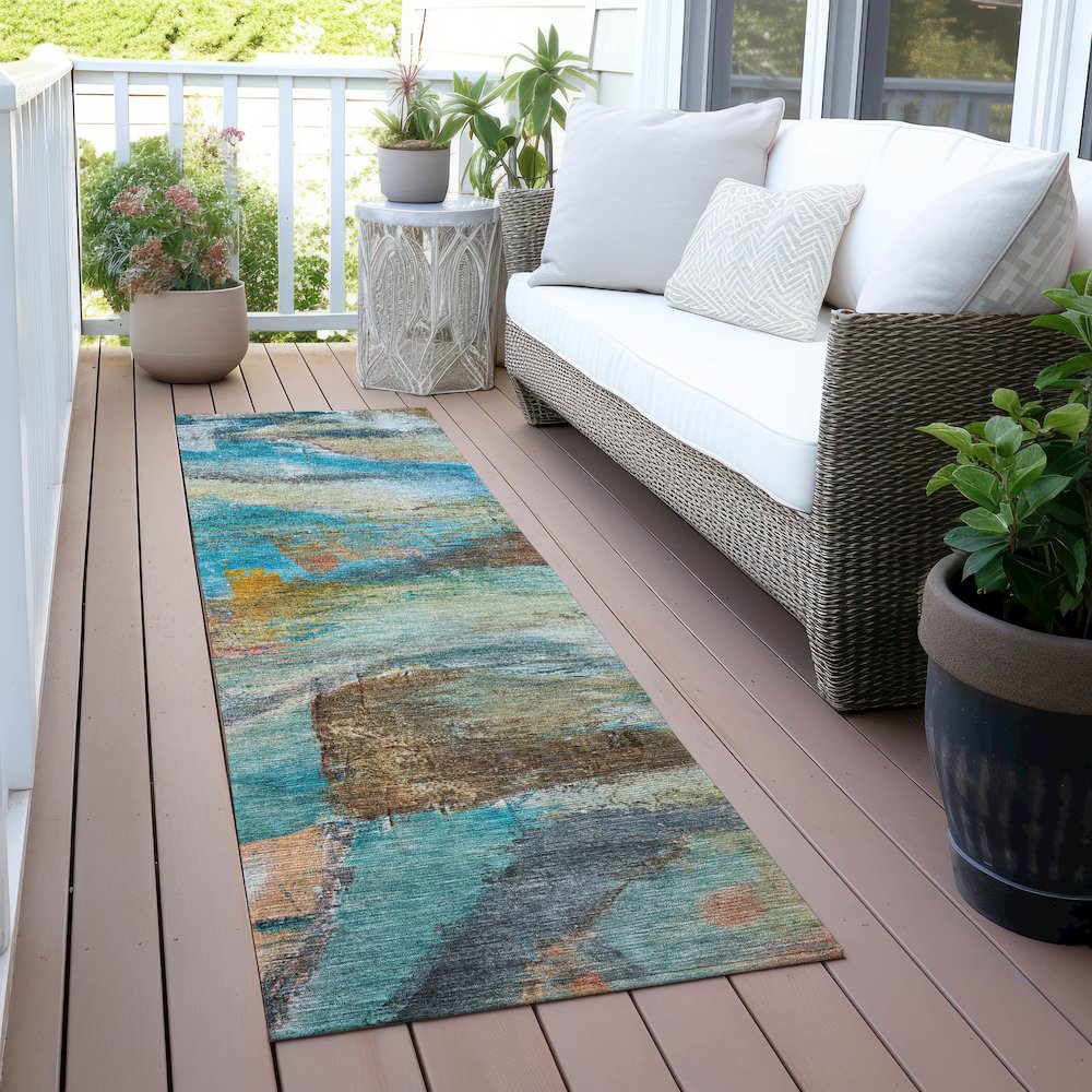 Machine Washable Indoor/Outdoor Chantille ACN2039 Teal 2'3" x 7'6" Runner Rug. Picture 6
