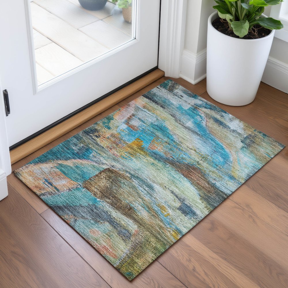 Machine Washable Indoor/Outdoor Chantille ACN2039 Teal 1'8" x 2'6" Rug. Picture 5