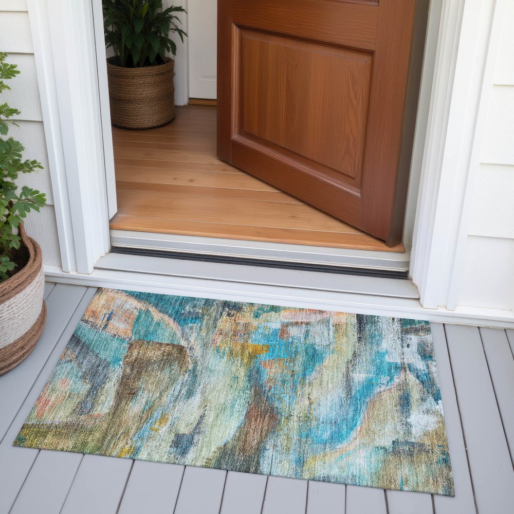Machine Washable Indoor/Outdoor Chantille ACN2039 Teal 1'8" x 2'6" Rug. Picture 6