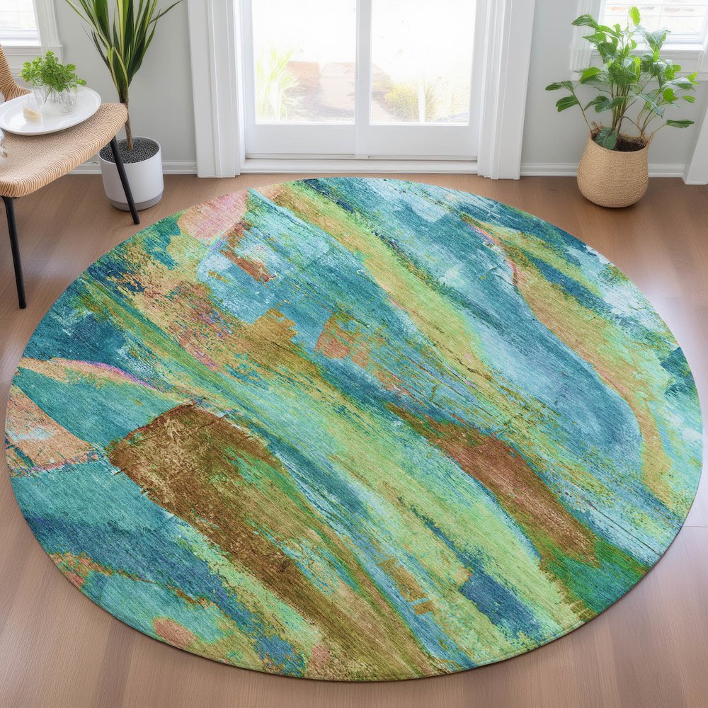 Machine Washable Indoor/Outdoor Chantille ACN2040 Teal 8' x 8' Round Rug. Picture 5