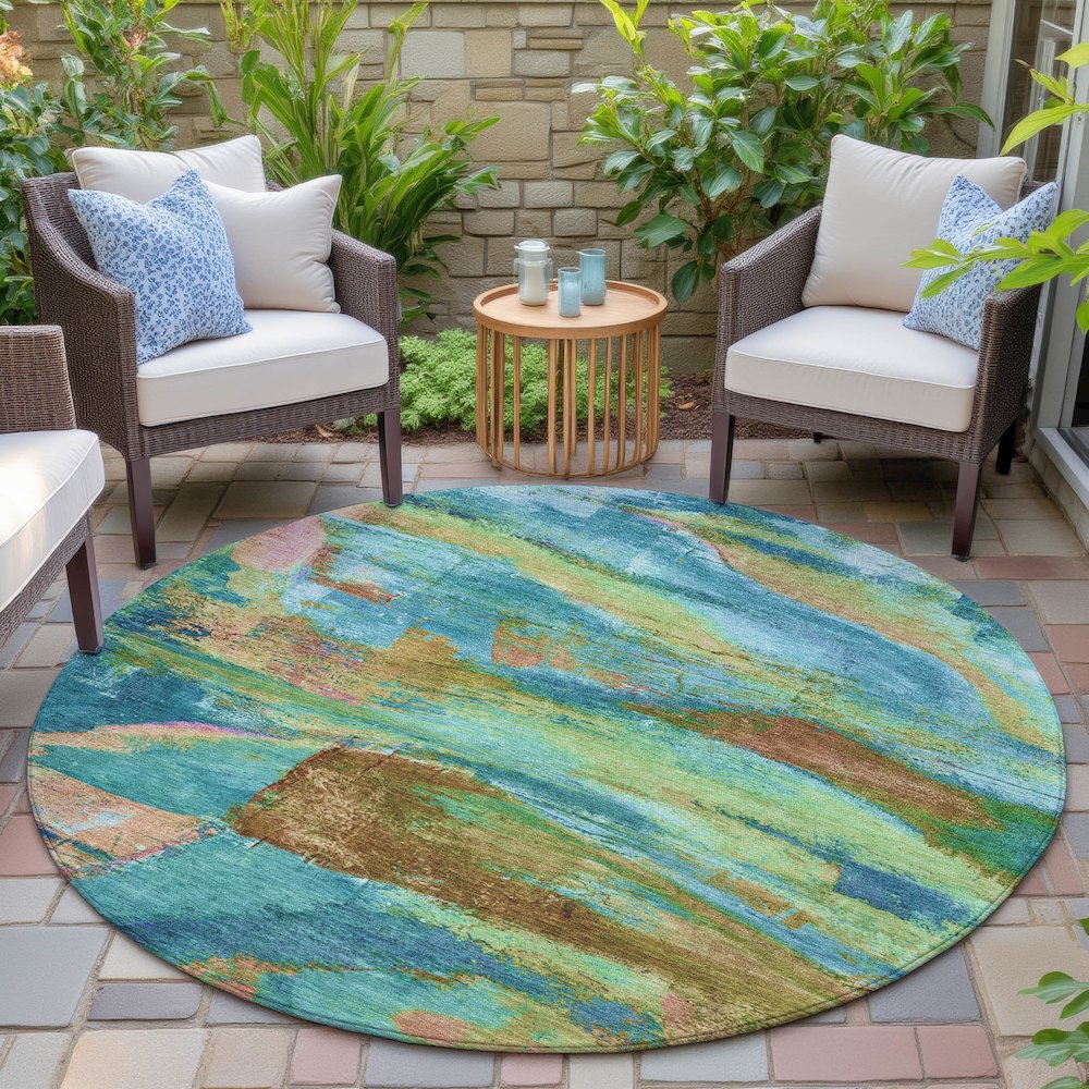 Machine Washable Indoor/Outdoor Chantille ACN2040 Teal 8' x 8' Round Rug. Picture 6