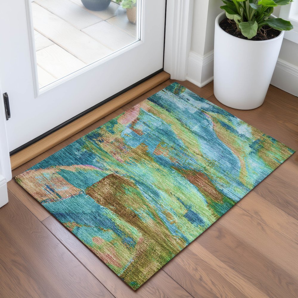 Machine Washable Indoor/Outdoor Chantille ACN2040 Teal 1'8" x 2'6" Rug. Picture 5