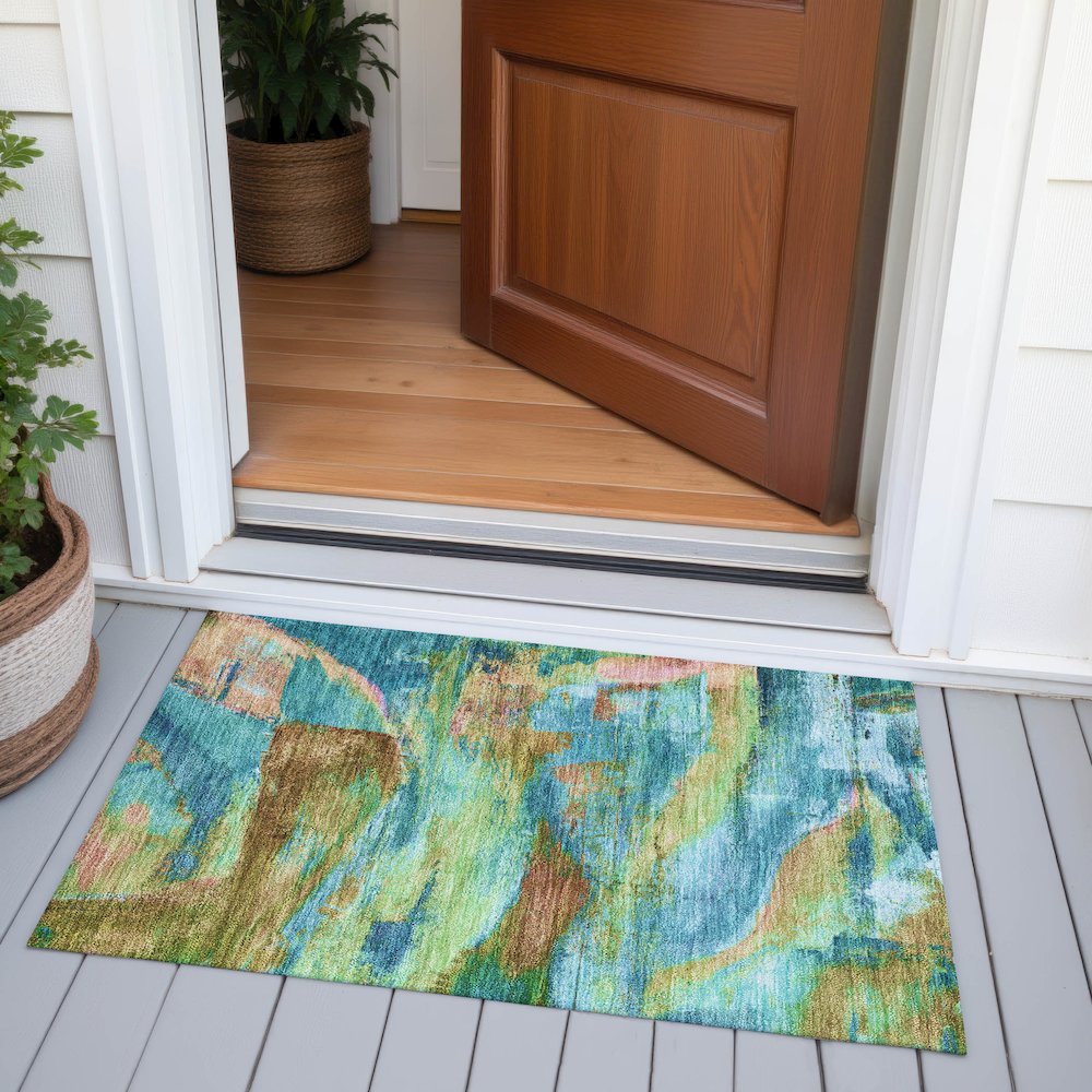 Machine Washable Indoor/Outdoor Chantille ACN2040 Teal 1'8" x 2'6" Rug. Picture 6
