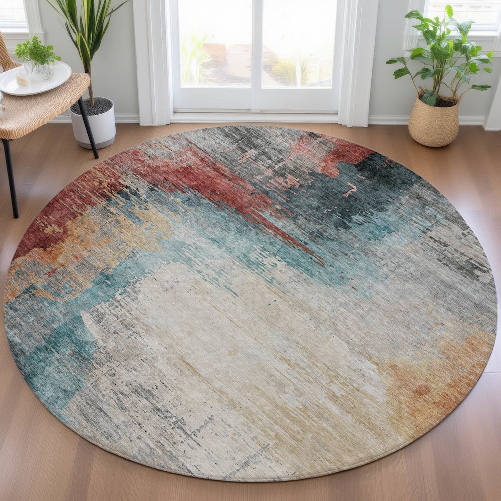 Machine Washable Indoor/Outdoor Chantille ACN2041 Teal 8' x 8' Round Rug. Picture 5