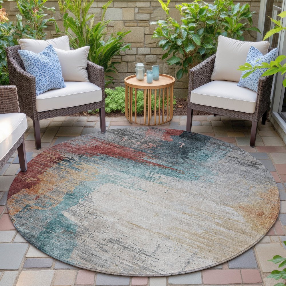 Machine Washable Indoor/Outdoor Chantille ACN2041 Teal 8' x 8' Round Rug. Picture 6