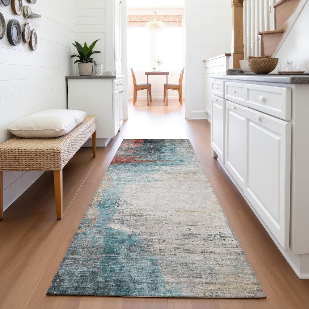 Machine Washable Indoor/Outdoor Chantille ACN2041 Teal 2'3" x 7'6" Runner Rug. Picture 5