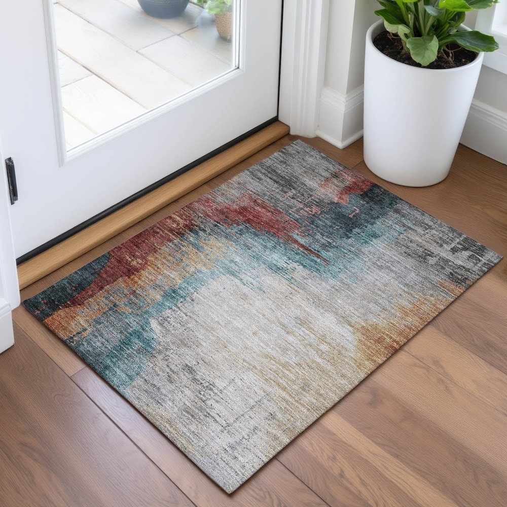Machine Washable Indoor/Outdoor Chantille ACN2041 Teal 1'8" x 2'6" Rug. Picture 5