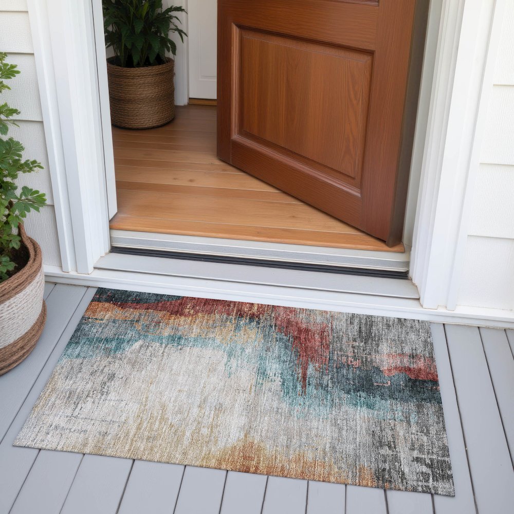 Machine Washable Indoor/Outdoor Chantille ACN2041 Teal 1'8" x 2'6" Rug. Picture 6