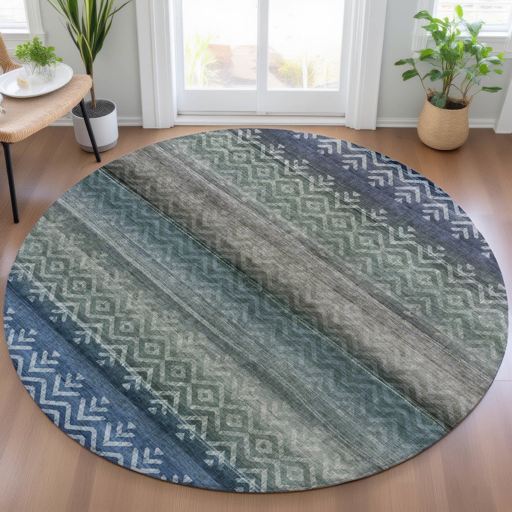 Machine Washable Indoor/Outdoor Chantille ACN2042 Blue 8' x 8' Round Rug. Picture 5