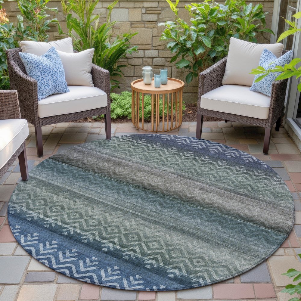 Machine Washable Indoor/Outdoor Chantille ACN2042 Blue 8' x 8' Round Rug. Picture 6