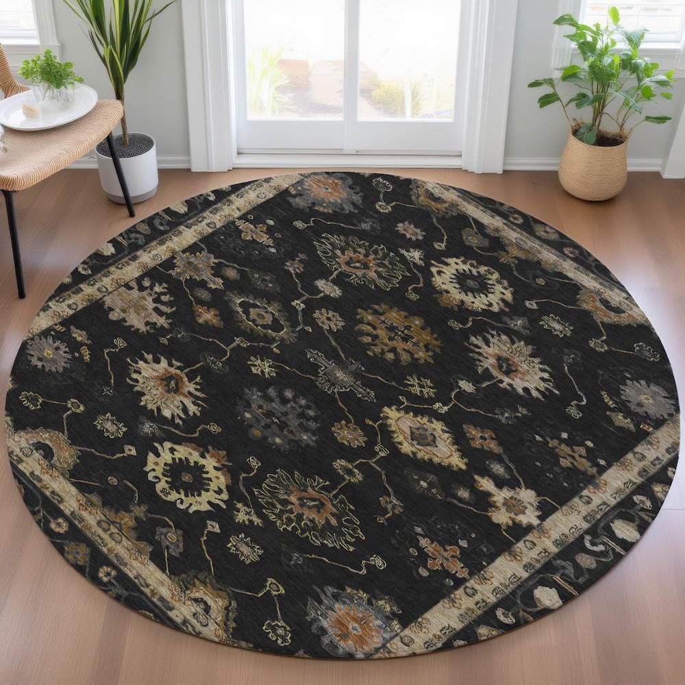 Machine Washable Indoor/Outdoor Chantille ACN2045 Black 8' x 8' Round Rug. Picture 5