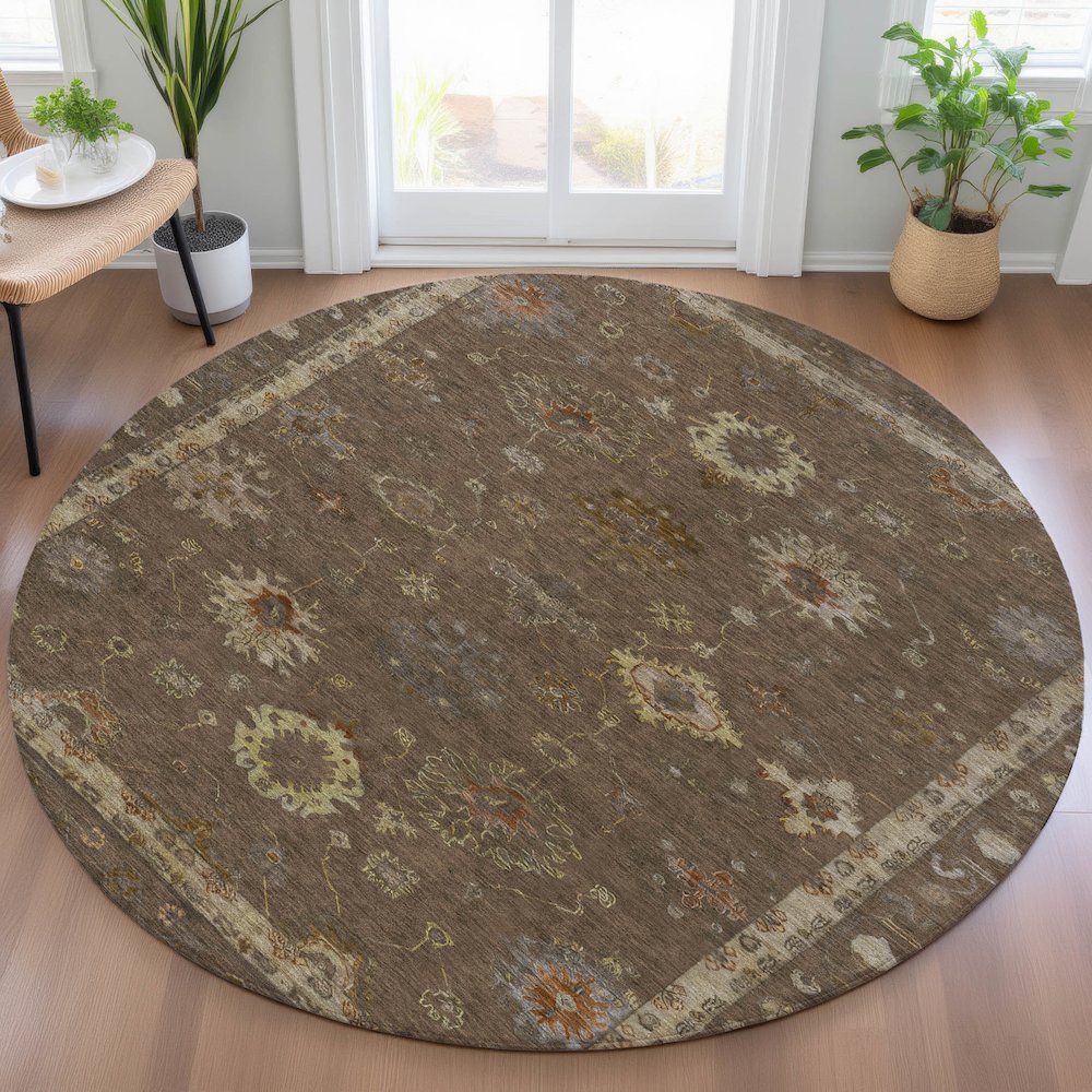 Machine Washable Indoor/Outdoor Chantille ACN2045 Chocolate 8' x 8' Round Rug. Picture 5